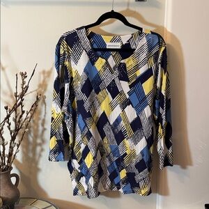 Alfred Dunner Geometric Blue and Yellow Blouse